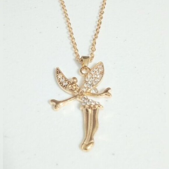 Tinkerbell Disney Gold Tone Cubic Zirconia Studded Pendant Necklace New - Picture 3 of 5